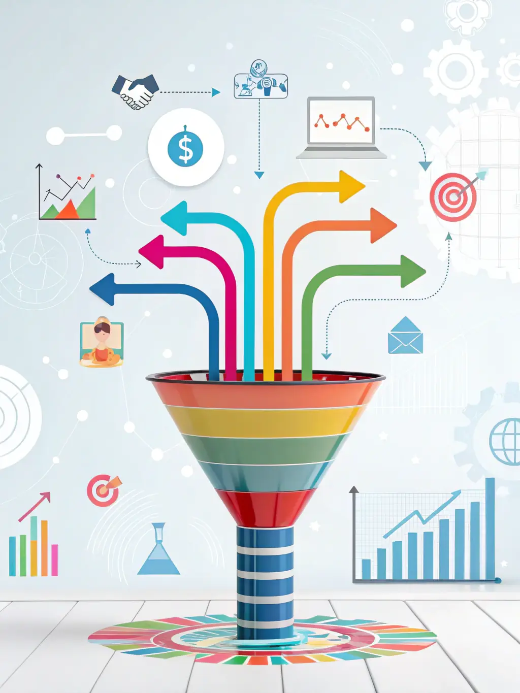 A graphic showing a funnel of leads being filtered for quality, representing FarodosFlow's Targeted Lead Data Acquisition service.