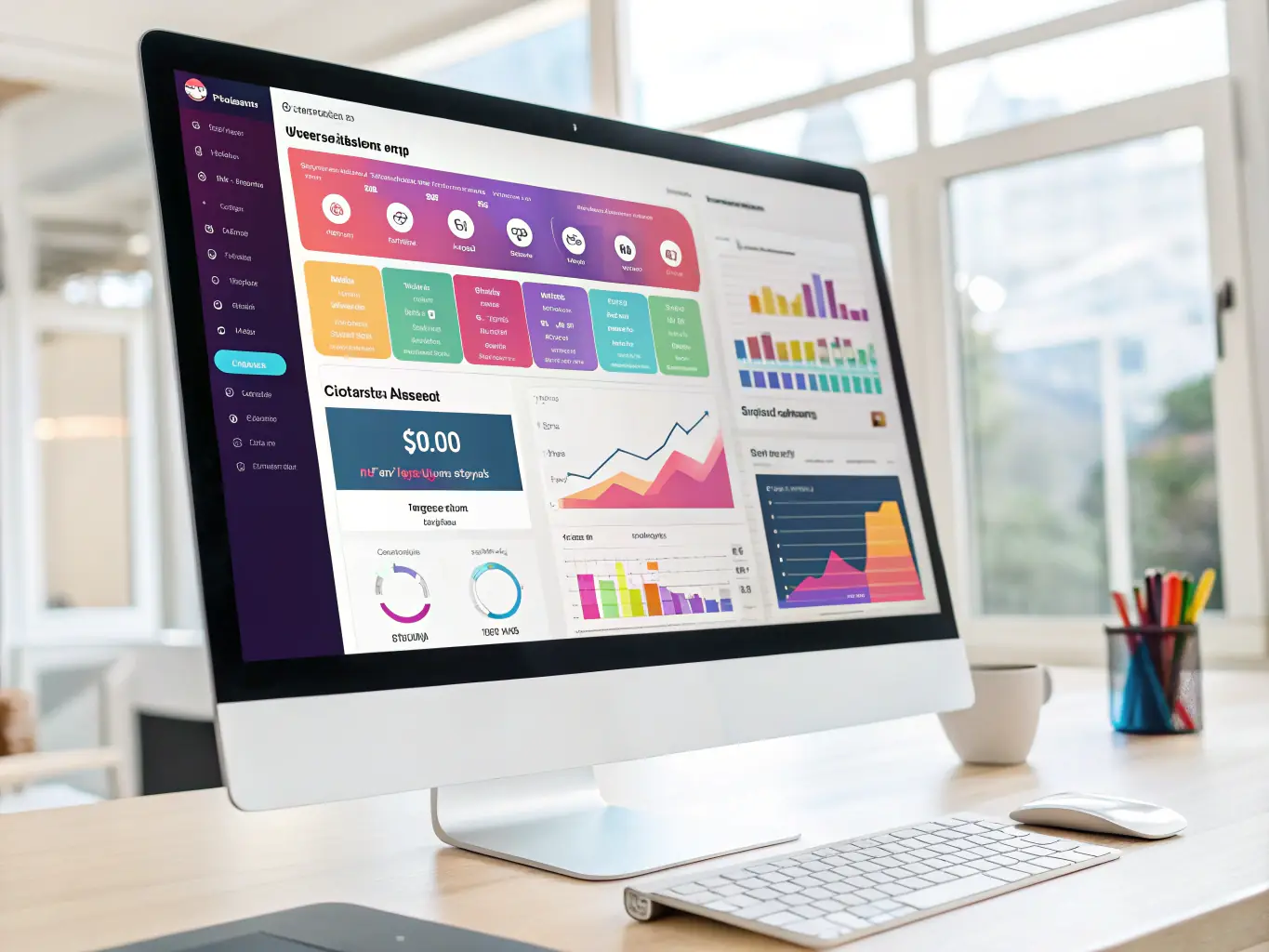 A visually striking image depicting a modern computer screen displaying an AI interface analyzing email data, with charts and graphs indicating successful outreach campaign metrics. The scene is set in a brightly lit, minimalist office environment.