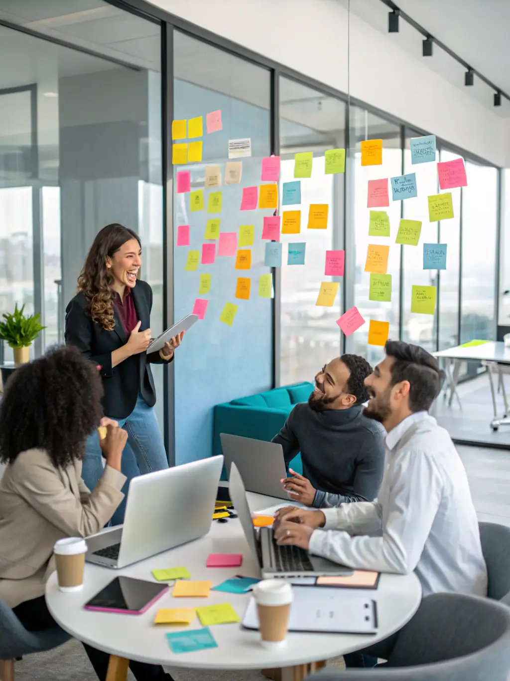 An image showcasing a team brainstorming cold email strategies with laptops and notes, representing FarodosFlow's Cold Email Outreach System.